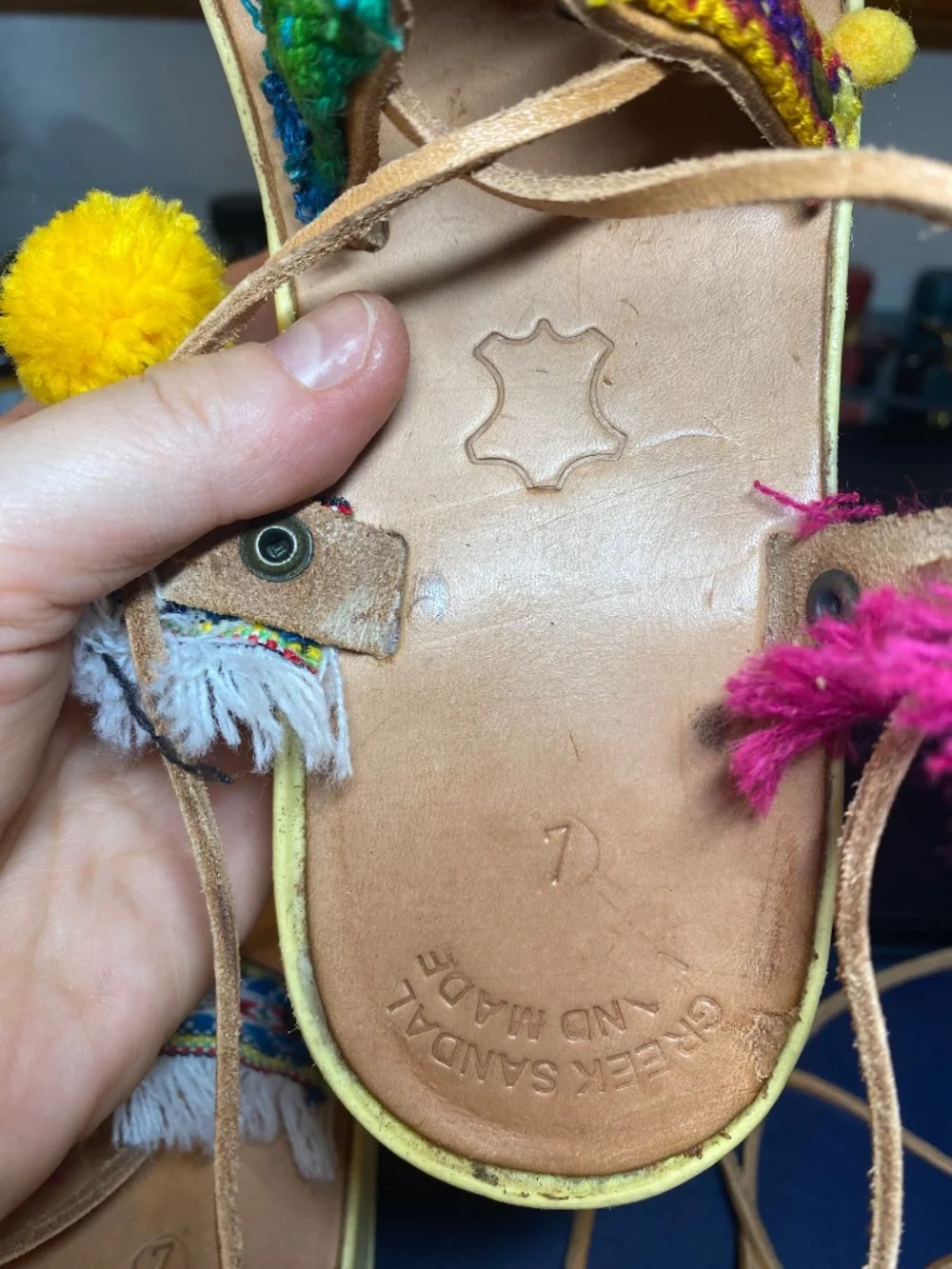 Greek Artisan Leather Lace Up Boho Festival Pom Pom Platform Sandals Size US 7